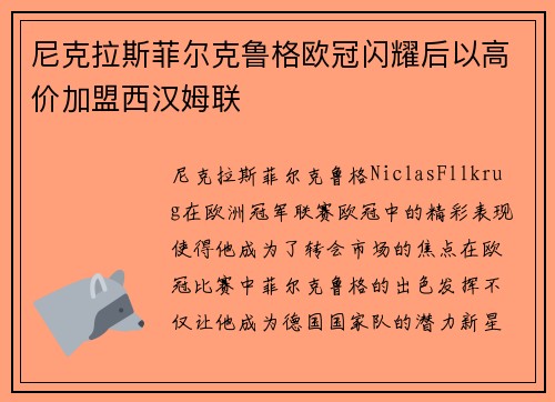 尼克拉斯菲尔克鲁格欧冠闪耀后以高价加盟西汉姆联
