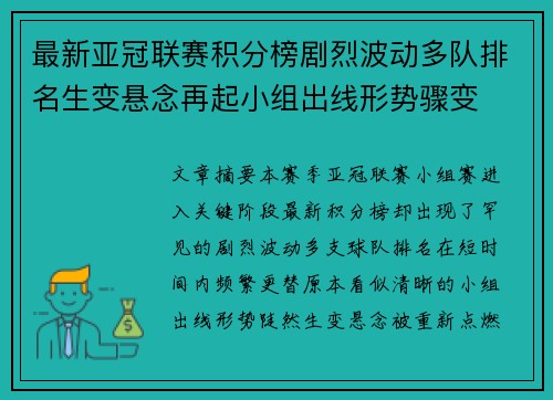 最新亚冠联赛积分榜剧烈波动多队排名生变悬念再起小组出线形势骤变 最新亚冠联赛积分榜剧烈波动多队排名生变悬念再起小组出线形势骤变